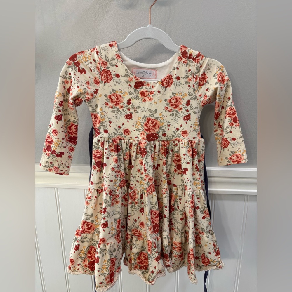 SweetHoney Floral Christmas Dress - Cream and Red. Size 3T